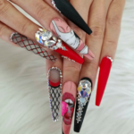 Long Red and Black Coffin Shaped Nail Design