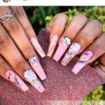 Long square coffin shaped Blush Pink Rose Nail design