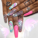 Pink rainbow nails rhinstone