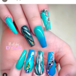 Square coffin shaped Turquoise Black and white nail design
