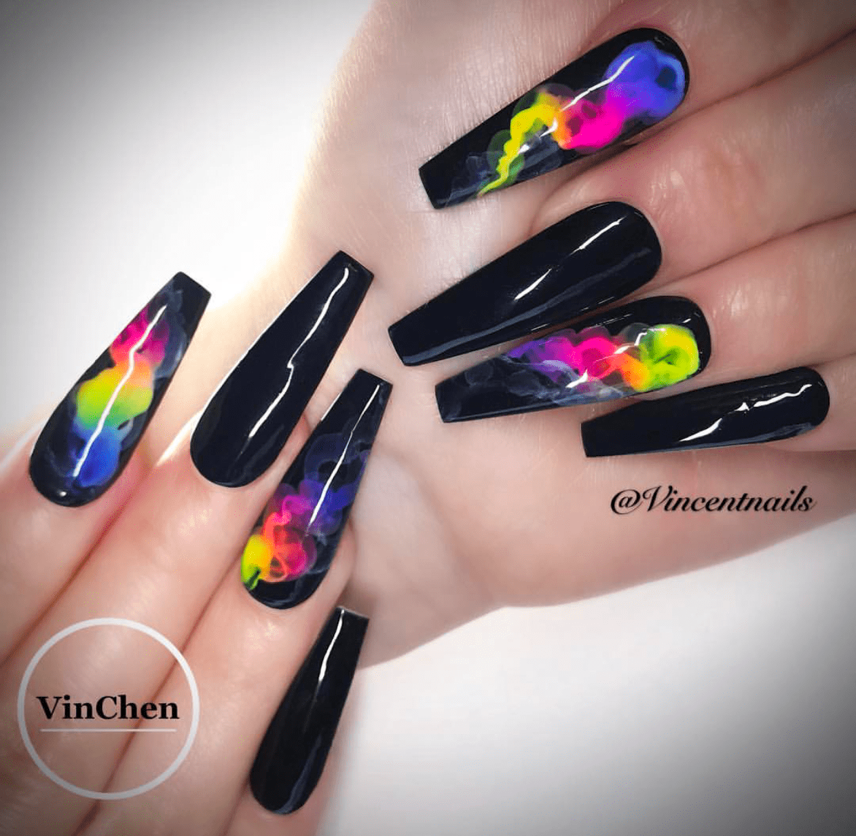 Black Smoke Coffin Shaped nail design