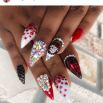Red white and black nail design