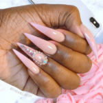 Blush pink and beige ombre nail set stiletto shaped