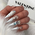 White stiletto nails swarovski crystals
