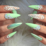 Mint green and white lace Stiletto nail art